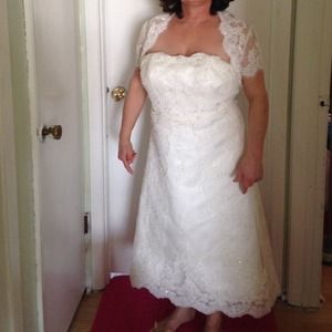 Beautiful beaded lace tea length wedding gown