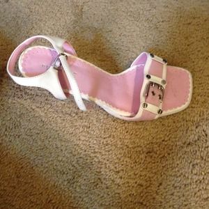 Pink and white open toe heels