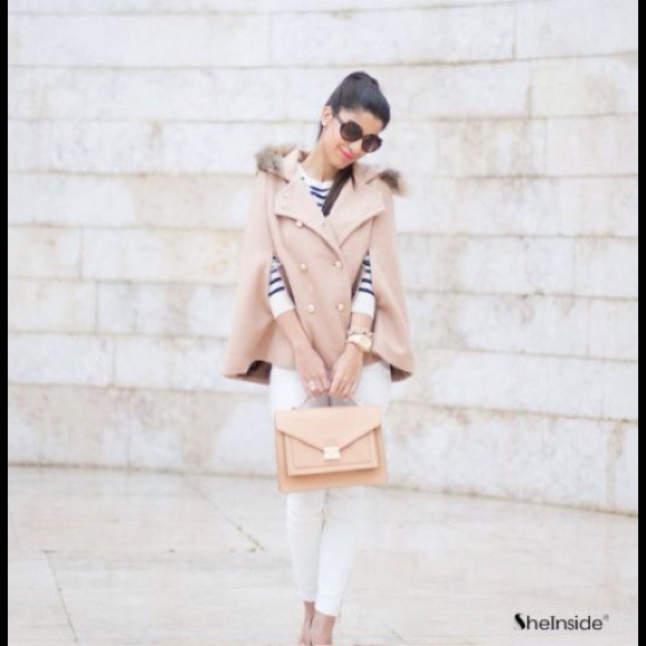 Camel color swing jacket with faux fur hood - Picture 3 of 4