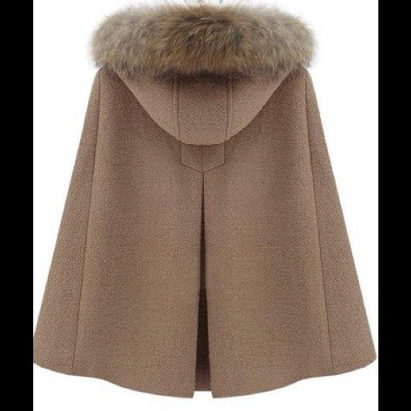 Camel color swing jacket with faux fur hood - Picture 2 of 4