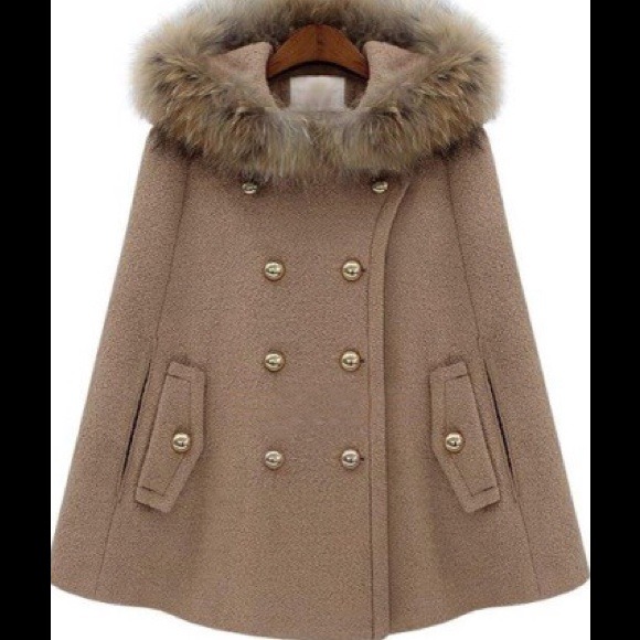 Camel color swing jacket with faux fur hood - Picture 4 of 4