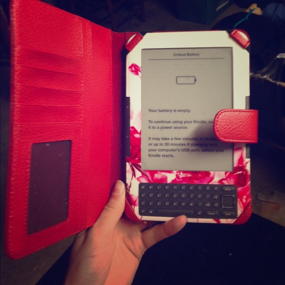 Black kindle w/ red and white cover and red case