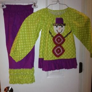 Purple corduroy,lime green polka dot snowman set.