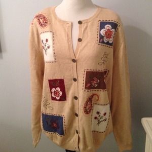 Tan cardigan sweater. Beautiful floral designs