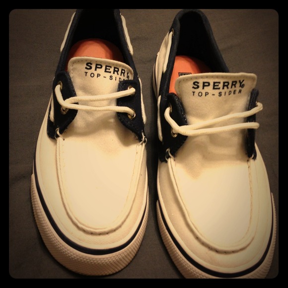 Navy blue and white sperry shoes