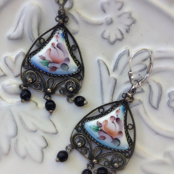 Vintage Russian Handpainted Porcelain Silver Earri
