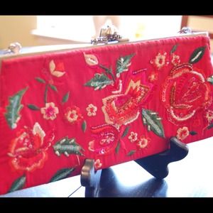 SILK & EMBROIDERED RED AND FLORAL CLUTCH