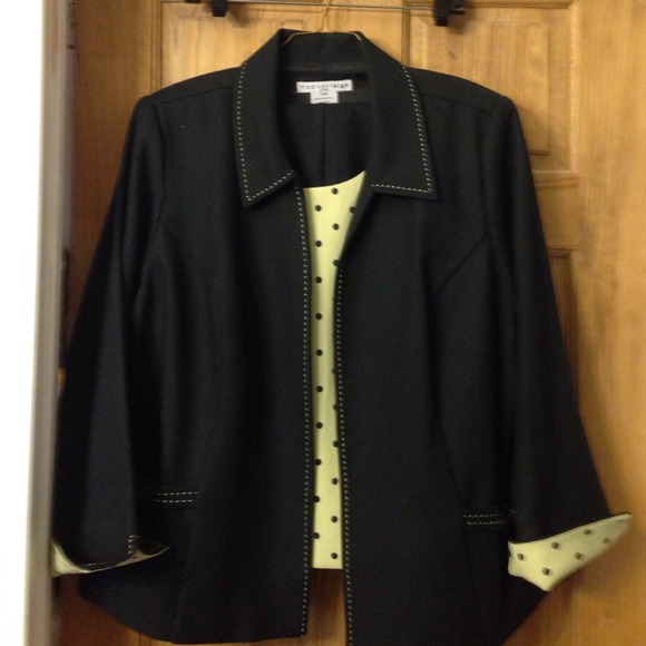 3 piece pant suit, navy and lime green