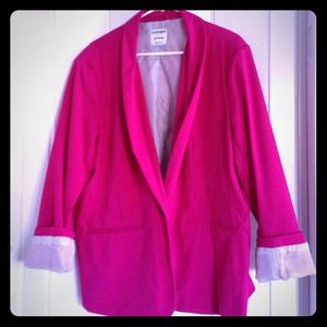 Hot pink blazer with grey striped lining
