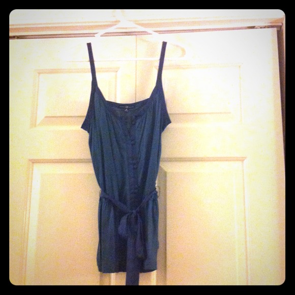 Dark blue front button down tank with tie waist