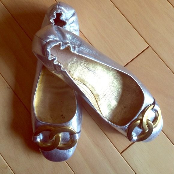 Juicy Couture Silver Ballet Flats with Gold Buckle