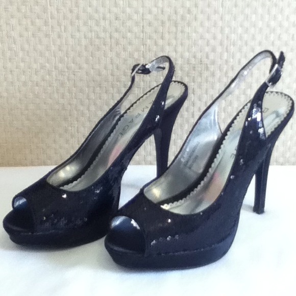 Black sequence sling back heels.  Sexy. Rampage - Picture 1 of 2