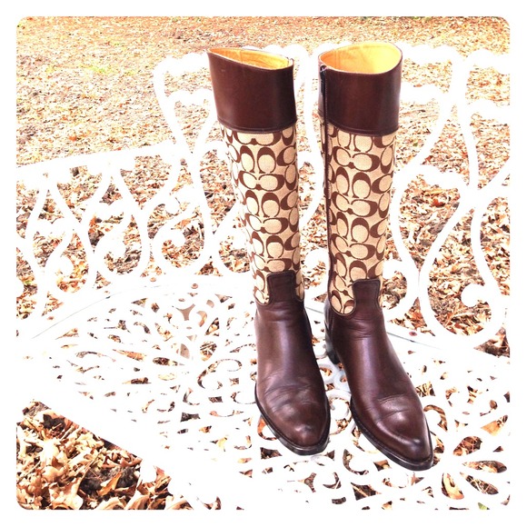 Coach Boots - Coach "Olivia" Dark Brown Leather & Fabric Boots