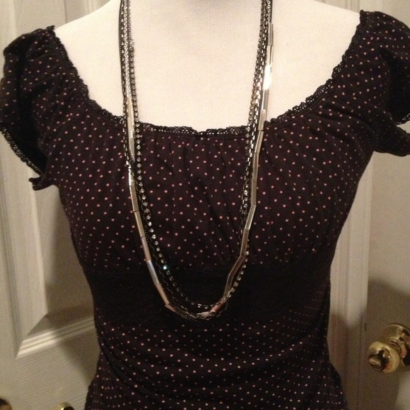 One Step Ahead Tops - Black shirt with tiny pink polka dots