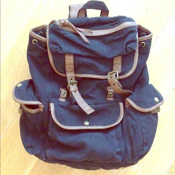 Black and Brown Canvas and Faux Leather Backpack