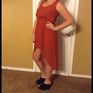 SOLD Black/Orange Chevron print high low dress
