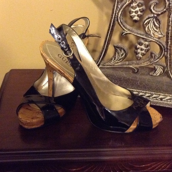 Guess cork heeled,  black patent shoes 8