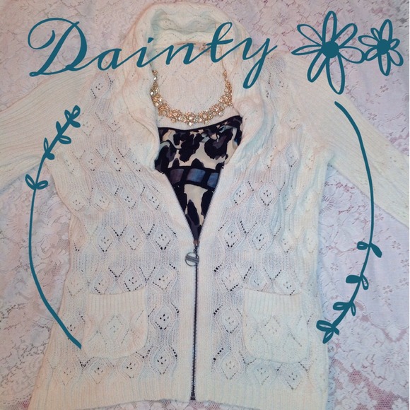 DKNY Roll Neck Zip Up Pointelle Knit Cardigan