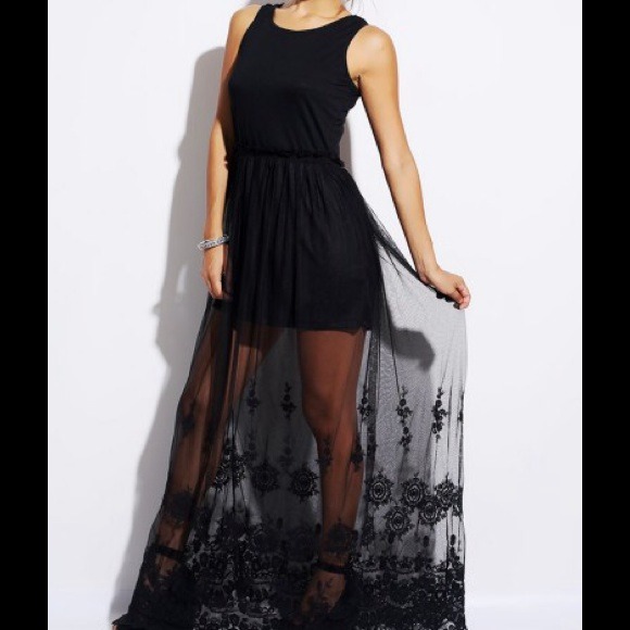 Embroidered Sheer Mesh Maxi Dress