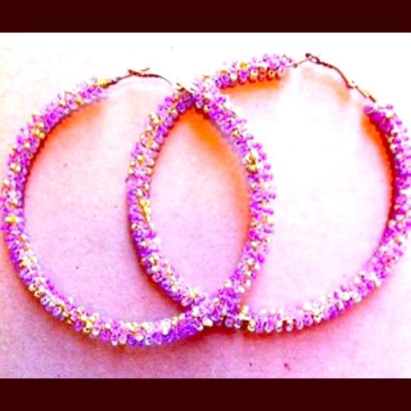 Beaded hoop earrings purple and gold