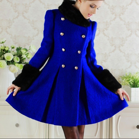 CHIC PLEATED BLUE DOUBLE BREASTED COAT