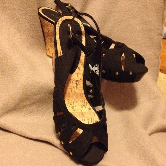 Black Strappy Wedges with Gold tone embellishment
