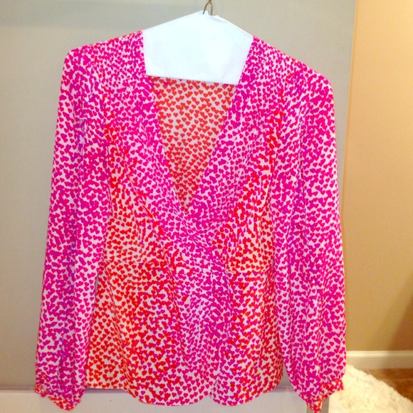 BCBG Silk Wrap blouse with hearts on it.