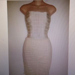 BeBe cream banded shirred strapless dress