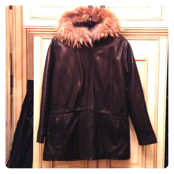 Authentic black leather jacket with fur trim hood