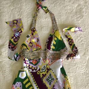 Long Silk Halter Beaded Tribal Dress Gown