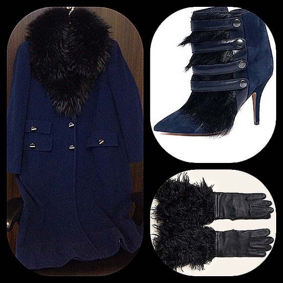 Midnight blue wool coat with blue/black fox collar - Picture 4 of 4