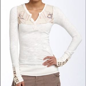 Free People Patchwork Studded Cuff Henley Ivory M