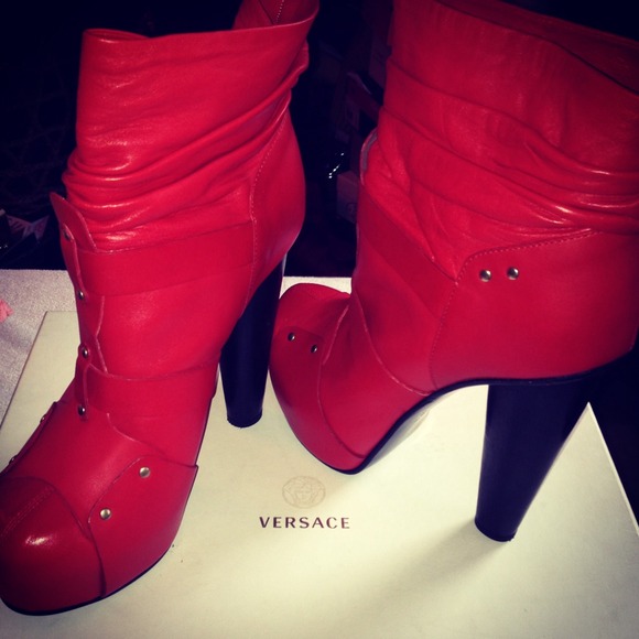 Versace red hot leather platform booties