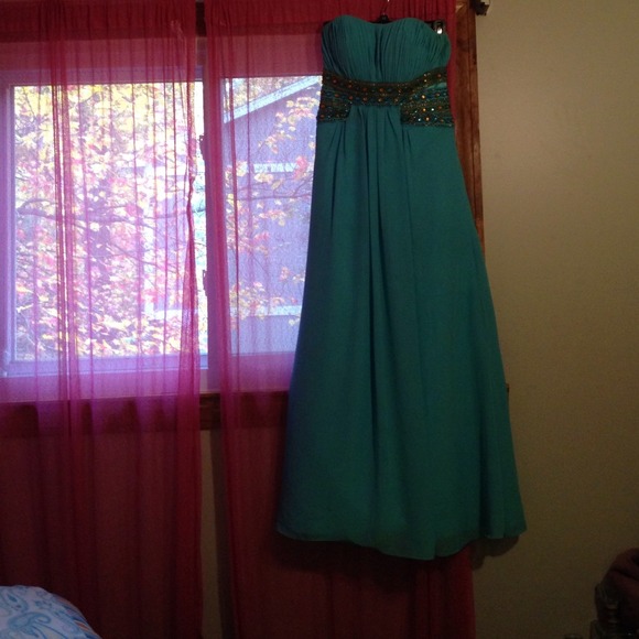 Turquoise Strapless Prom Dress - Picture 2 of 4