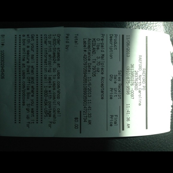 Receipt for mail..no sale