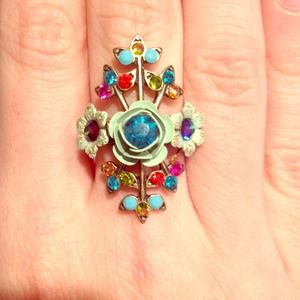 Colorful flower and gem encrusted ring