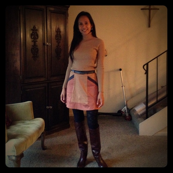 beige turtleneck and colorblock skirt