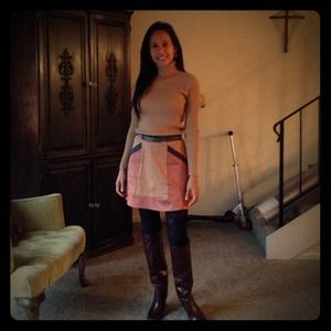 beige turtleneck and colorblock skirt