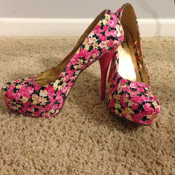 Pink flower print high heels
