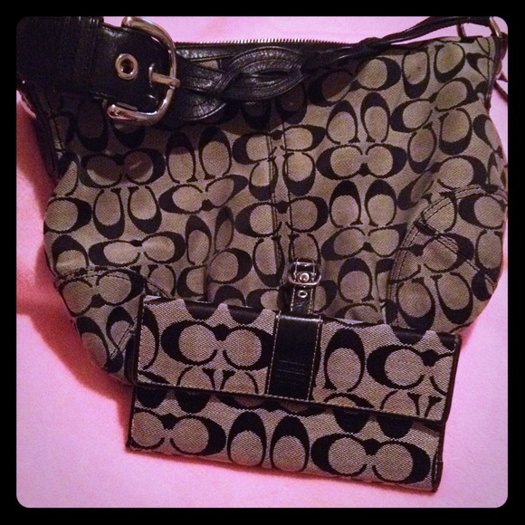 Black and gray coach purse with matching wallet