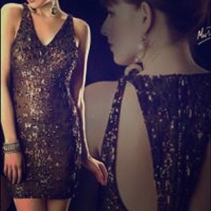 MacDuggal Sz 6 Coffee Sequin V Neck Cocktail Dress