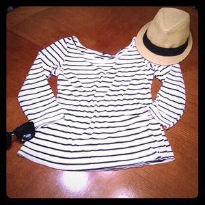 Striped boat neck quarter length top
