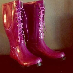 Never been worn deep purple tie up rain boots!