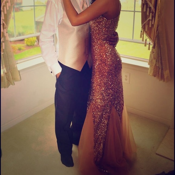 Nude, champagne gold prom gown