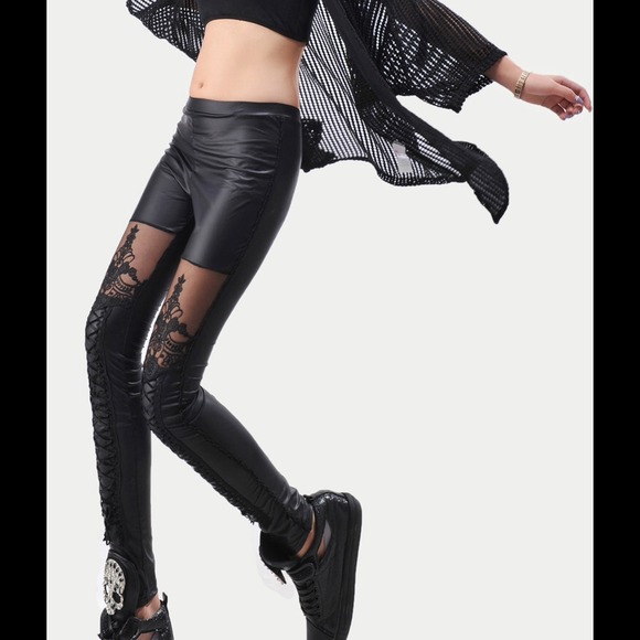 Pants - Sexy crochet faux leather lace-up legging