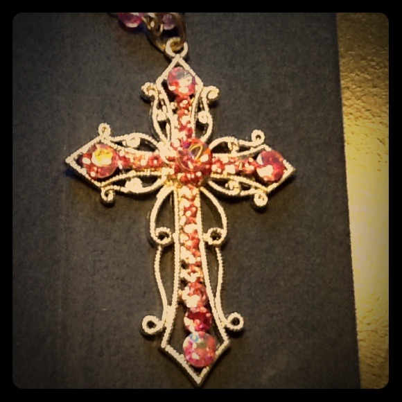 Pink and silver Celtic large Cross necklace