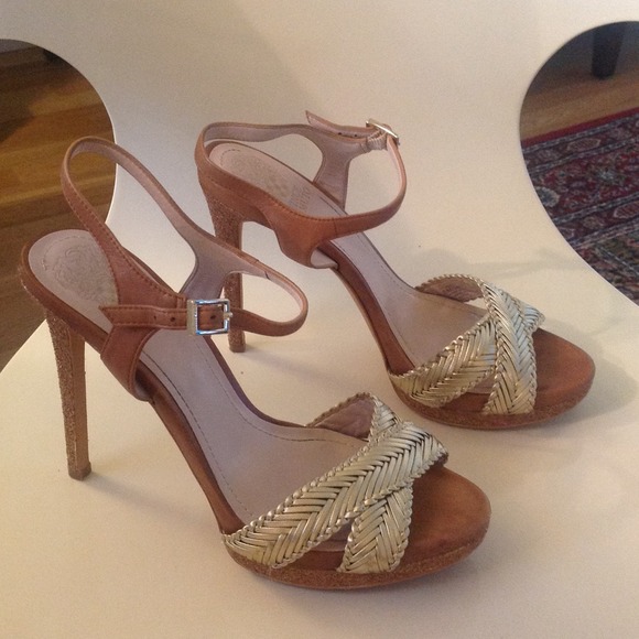 Vince Camuto Camryn gold leaf open toe heels