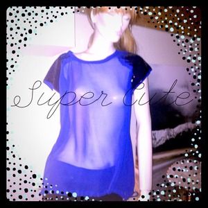 Bright blue sheer top w/ blk sequin shoulders