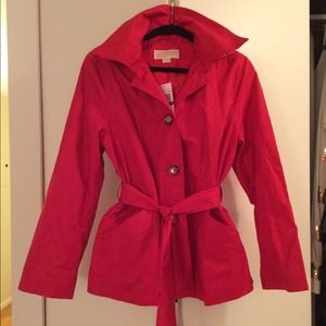 Michael Kors Belted Red Rain Coat with Hood Size L
