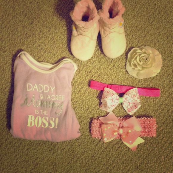 Baby girl headband lot, ministar boots, onesie